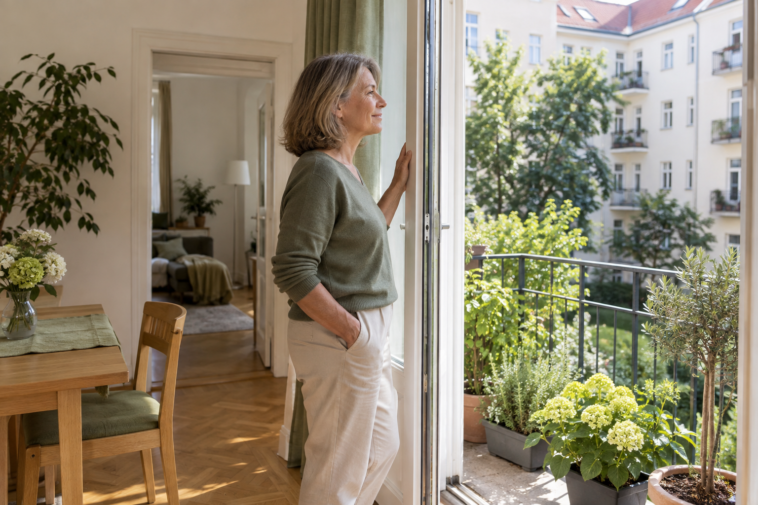 Eigentümerin blickt von ihrer Wohnung in den begrünten Innenhof